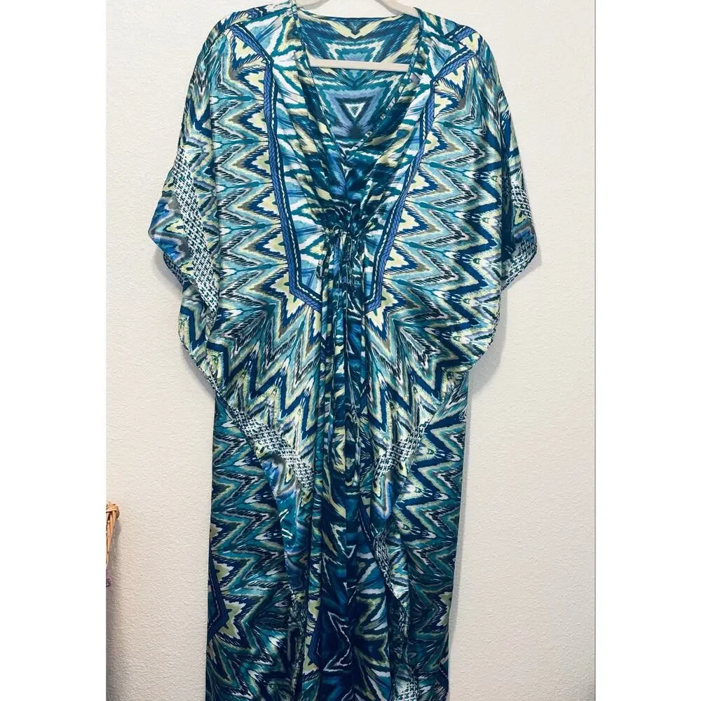 CARESS mixed Blue Drawstring Lounge Swim Coverup Caftan Resort-wear Dress - Picture 2 of 5
